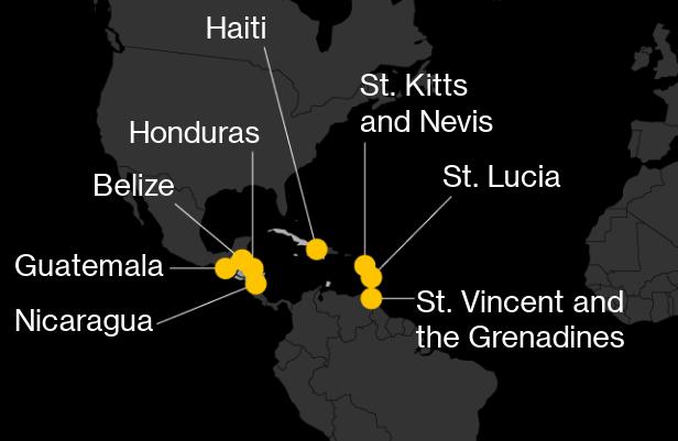 Map of Haiti,Honduras, Belize, St.Lucia,St. Kitts, St. Vincent, Guatemala, Nicaragua